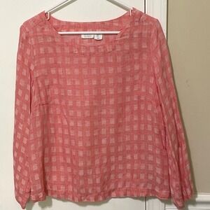 Sigrid Olsen Plaid Linen Top Vtg 90s L Pink Normcore Casual Chic Coastal Grandma
